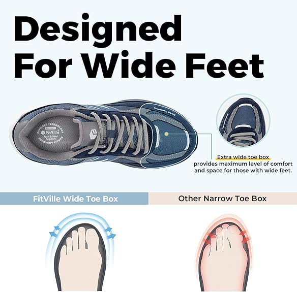 FitVille Men's Extra Wide Walking Shoes Wide Width Air Cushion Cross Training Sneakers for Heel Pain Relief Plantar Fasciitis Navy Blue