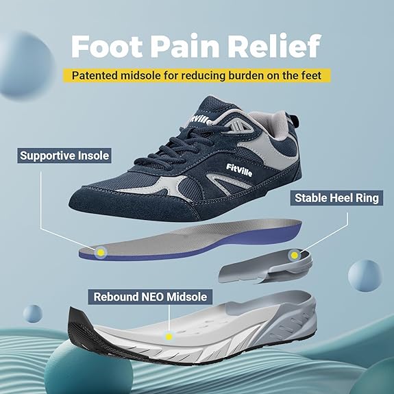 FitVille Wide Walking Shoes for Men Extra Wide Width Sneakers with Arch Support for Flat Feet Heel Pain Relief Plantar Fasciitis Navy Blue