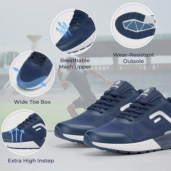 FitVille Men's Extra Wide Shoes for Walking Wide Width Sneakers Mens Wide Toe Box Running Shoes for Flat Feet Arch Fit Heel Pain Relief - Rebound Core V5 Blue