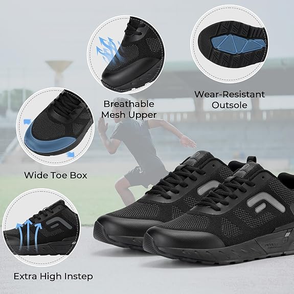 FitVille Men's Extra Wide Shoes for Walking Wide Width Sneakers Mens Wide Toe Box Running Shoes for Flat Feet Arch Fit Heel Pain Relief - Rebound Core V5 Black