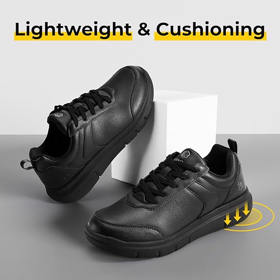 FitVille Men Walking Shoes Wide Dress Sneakers Comfortable Leather Shoes for Men Lightweight Plantar Fasciitis Bunions Black