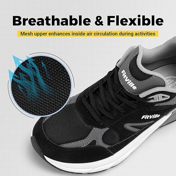 FitVille Wide Walking Shoes for Men Extra Wide Width Sneakers with Arch Support for Flat Feet Heel Pain Relief Plantar Fasciitis Black