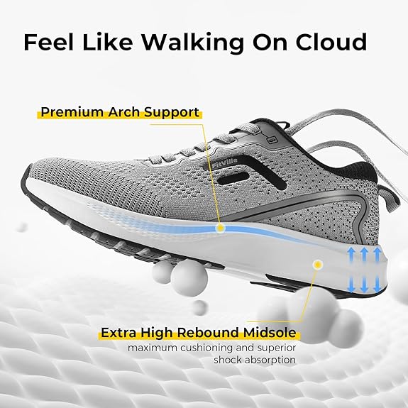 FitVille Mens Walking Shoes Wide Width Sneakers for Men Wide Toe Box Running Shoes with Arch Support for Plantar Fasciitis - JetCore V1 Gray