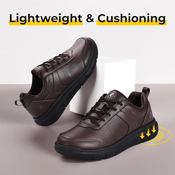 FitVille Men Walking Shoes Wide Dress Sneakers Comfortable Leather Shoes for Men Lightweight Plantar Fasciitis Bunions Chocolate Brown