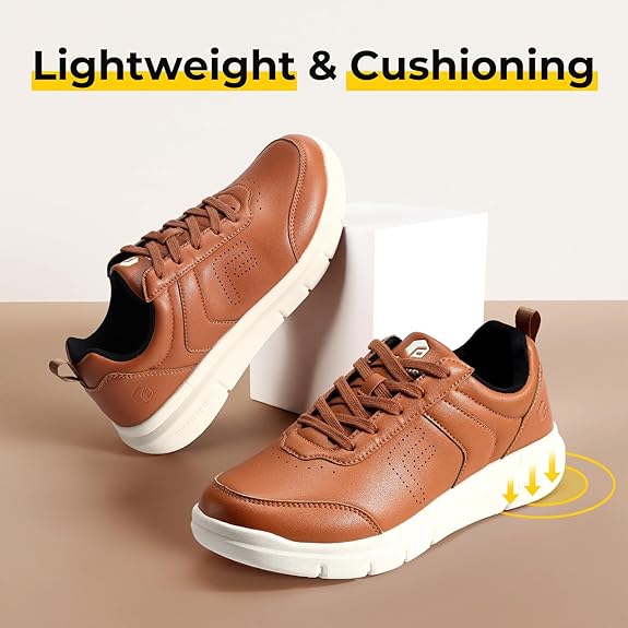 FitVille Men Walking Shoes Wide Dress Sneakers Comfortable Leather Shoes for Men Lightweight Plantar Fasciitis Bunions Brown