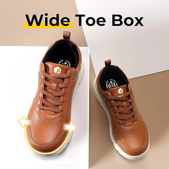 FitVille Men Walking Shoes Wide Dress Sneakers Comfortable Leather Shoes for Men Lightweight Plantar Fasciitis Bunions Brown