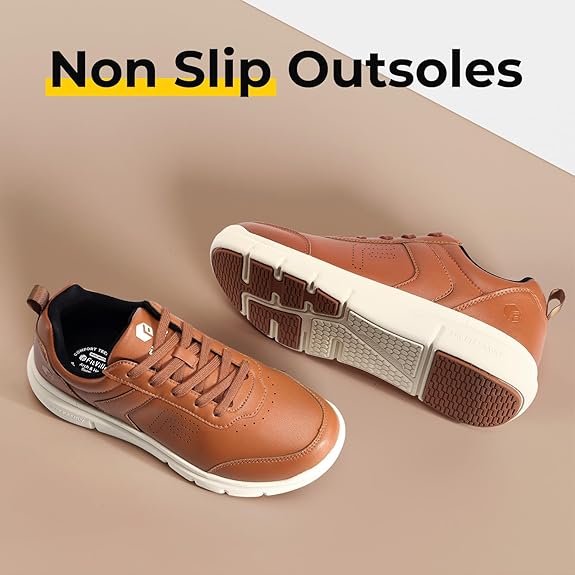 FitVille Men Walking Shoes Wide Dress Sneakers Comfortable Leather Shoes for Men Lightweight Plantar Fasciitis Bunions Brown