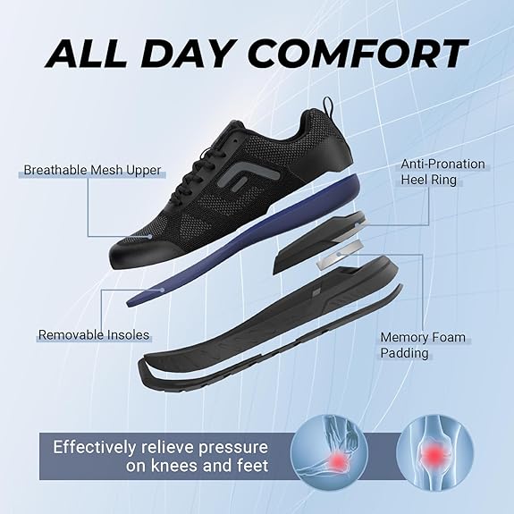 FitVille Men's Extra Wide Shoes for Walking Wide Width Sneakers Mens Wide Toe Box Running Shoes for Flat Feet Arch Fit Heel Pain Relief - Rebound Core V5 Black