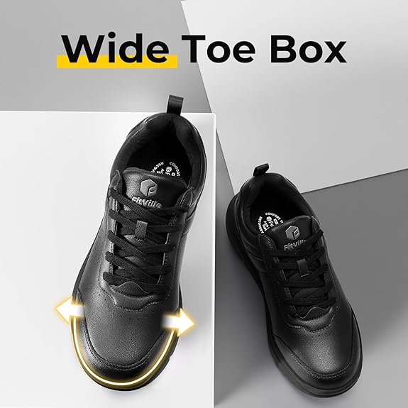 FitVille Men Walking Shoes Wide Dress Sneakers Comfortable Leather Shoes for Men Lightweight Plantar Fasciitis Bunions Black