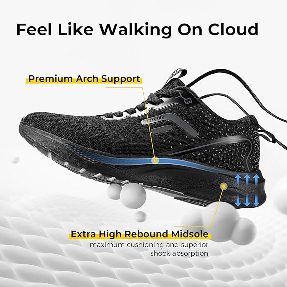 FitVille Mens Walking Shoes Wide Width Sneakers for Men Wide Toe Box Running Shoes with Arch Support for Plantar Fasciitis - JetCore V1 Black