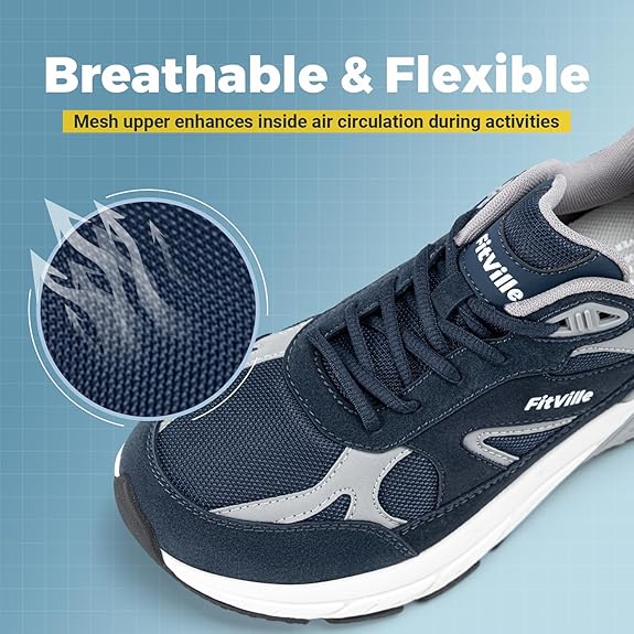 FitVille Wide Walking Shoes for Men Extra Wide Width Sneakers with Arch Support for Flat Feet Heel Pain Relief Plantar Fasciitis Navy Blue